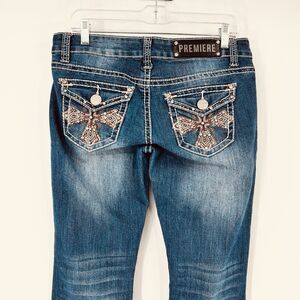 PREMIERE Jeans By Rue21 Size 7/8 Bootcut Distressed Embroidered Pockets